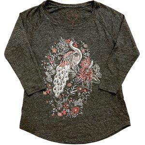 Lucky Brand Dark Heather Gray Peacock Floral T Shirt | Size XS